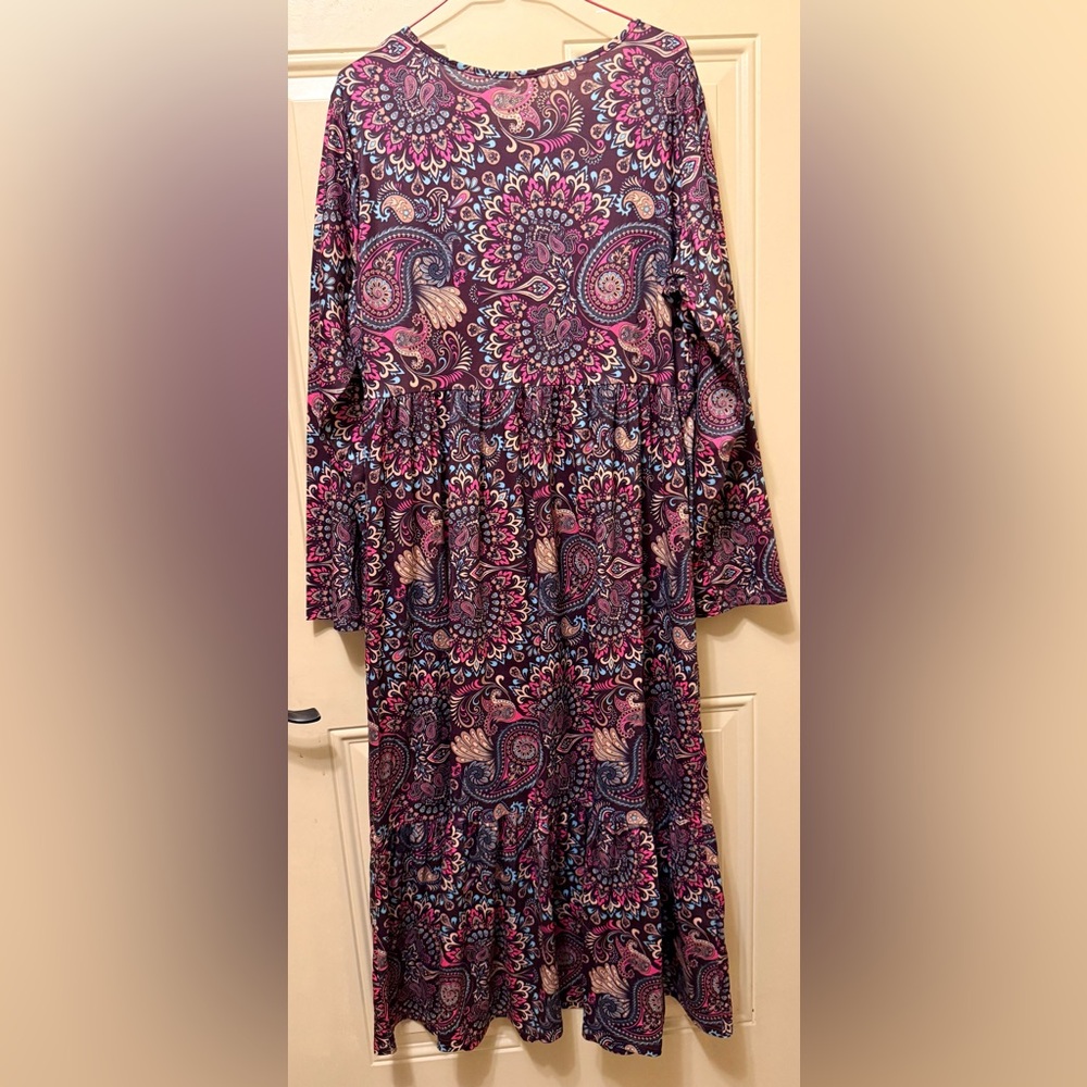 Mengpipi Paisley Print Dress Scoop Neck Long Sleeves Gathered Waist Pockets XXL - Picture 3 of 5